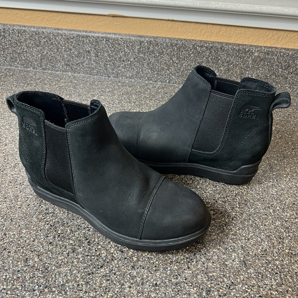 Sorel Black Leather Ankle Booties Womens 8.5 Comfort Casual Pull On Hidden Wedge